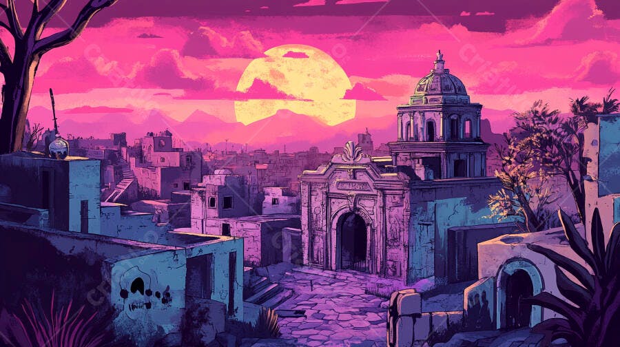 Cidade antiga noturna com lua cheia rosa e roxa e arquitetura imponente