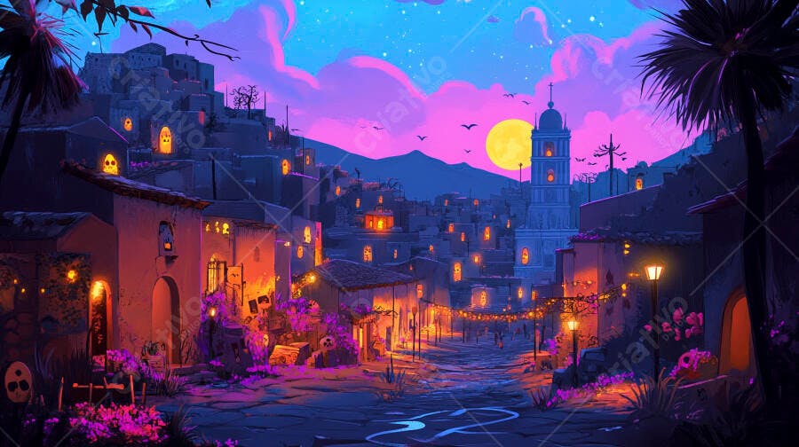 Cidade festiva Dia dos Mortos com céu roxo vibrante e luzes de caveira à noite
