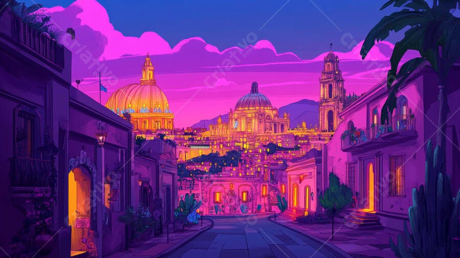 Cidade mediterrânea futurista ao entardecer com cúpulas rosas e azuis vibrantes