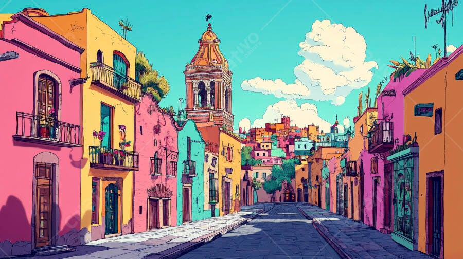 Ruas coloridas de cidade histórica com torre amarela e céu azul