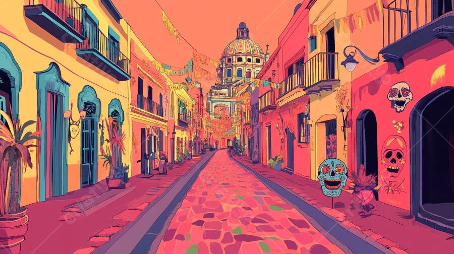Rua colorida festiva estilo mexicano com caveiras e igreja domo ao entardecer