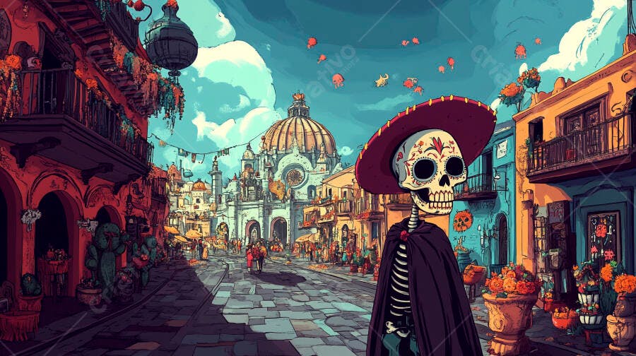 Caveira mexicana com sombrero em rua colorida do Dia dos Mortos