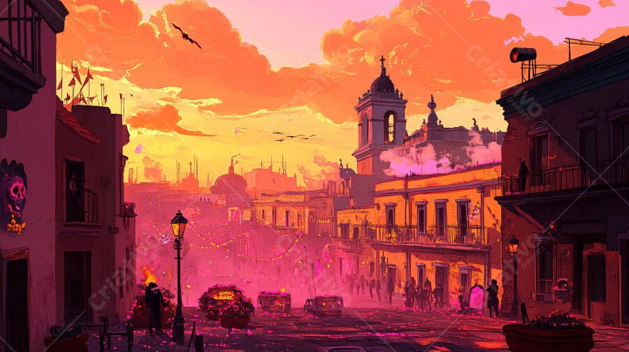 Rua de cidade colonial festiva ao entardecer com tons vibrantes de rosa e laranja