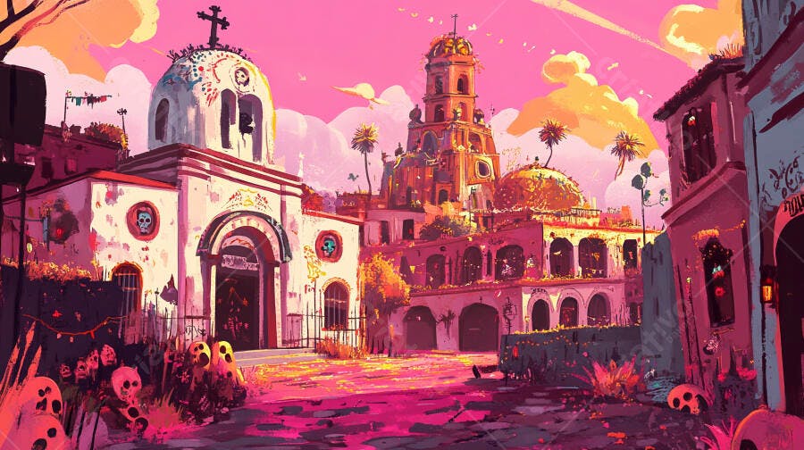 Pintura vibrante de cidade mexicana com igreja e caveiras Dia dos Mortos