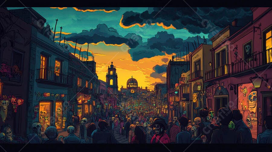 Multidão festiva celebrando Dia dos Mortos em rua mexicana ao anoitecer