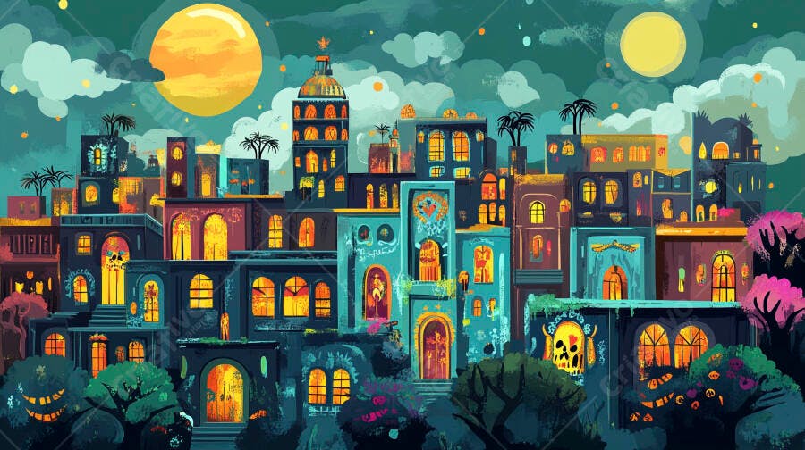 Cidade festiva noturna com ilustrações de caveiras e luzes cálidas