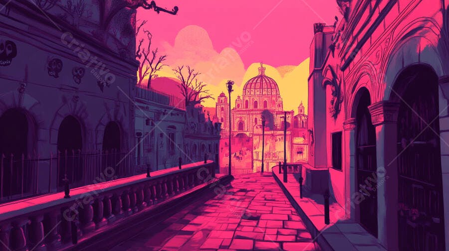 Cidade antiga colorida ao entardecer com cúpula e caveiras ornamentais