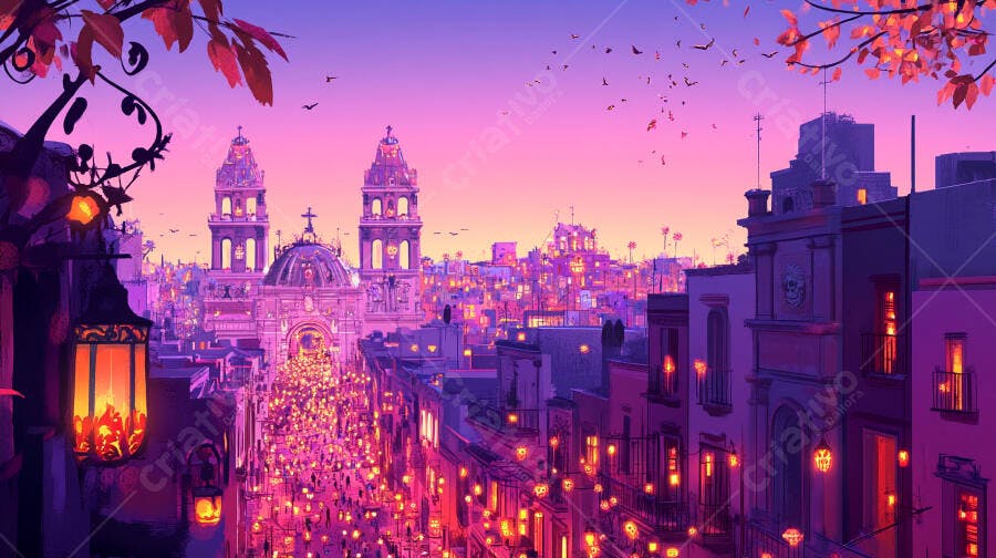 Cidade mexicana colorida em celebração noturna com lanternas e catedral