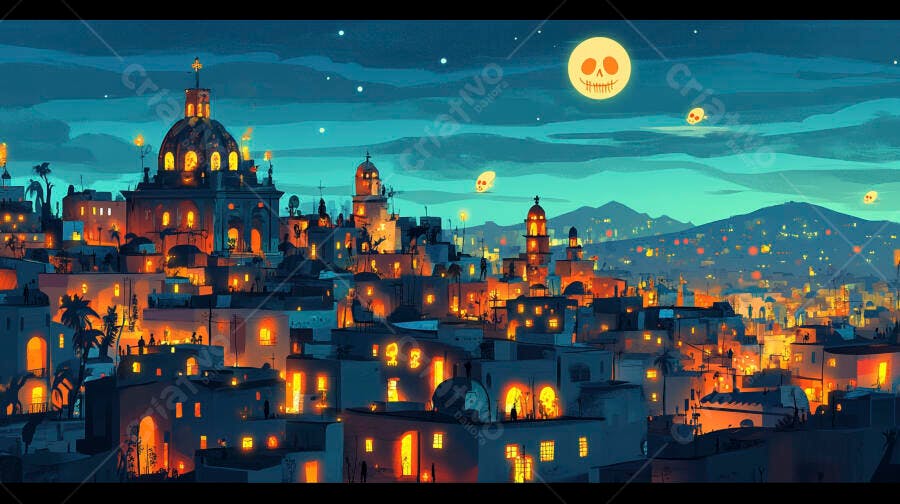 Cidade festiva noturna com lua de caveira e luzes quentes