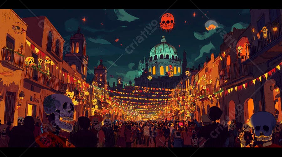 Celebração do Dia dos Mortos em rua mexicana com multidão e caveiras coloridas