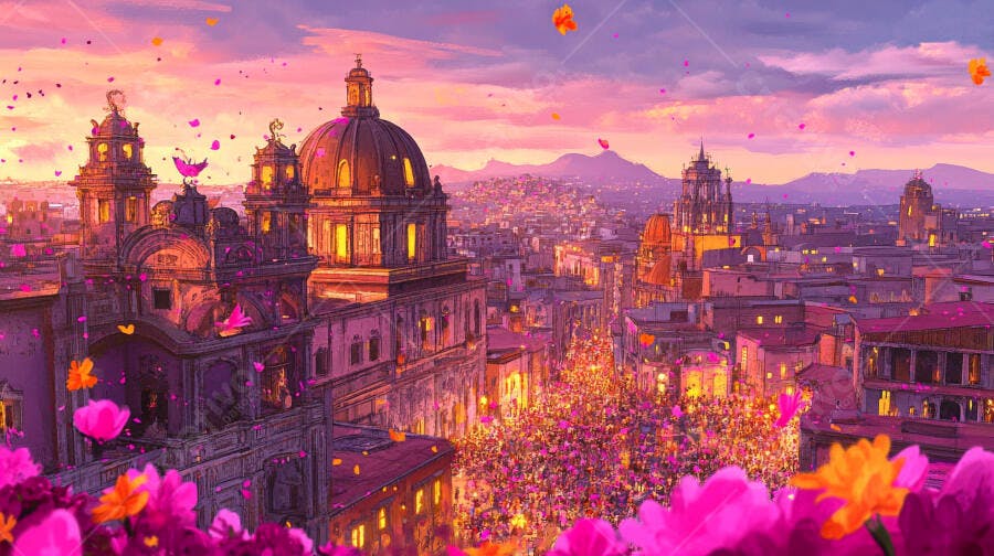 Cidade histórica com cúpulas e festival de flores ao pôr do sol rosa