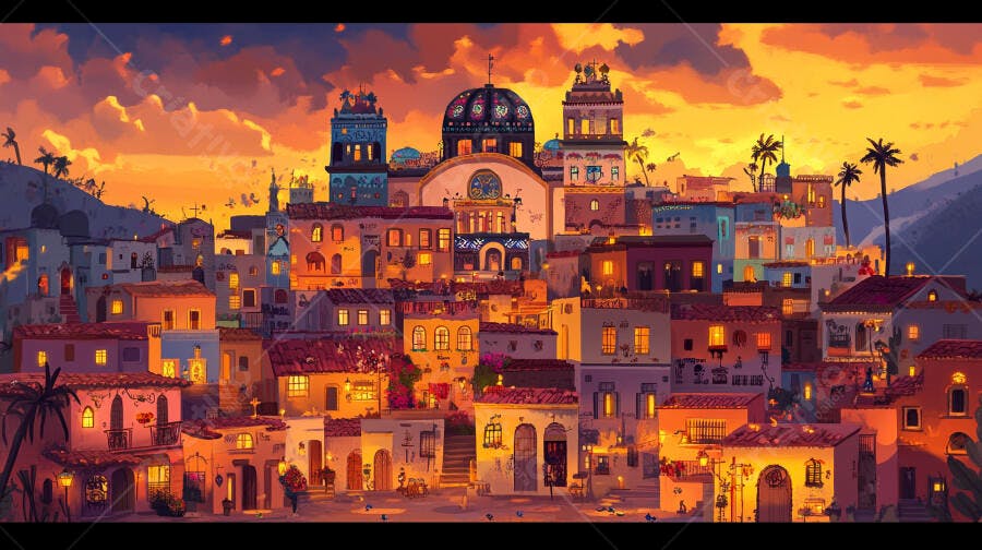Vila encantadora colorida ao pôr do sol com igreja e palmeiras