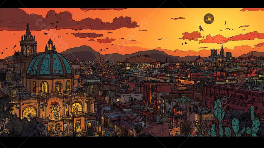 Cidade histórica ao pôr do sol com catedral de cúpula azul e céu laranja