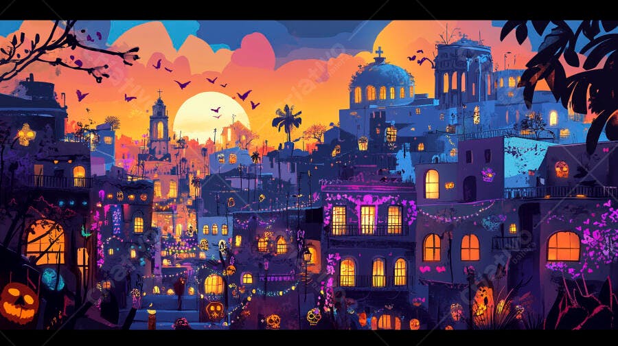Cidade festiva ao entardecer com decorações de Dia de los Muertos e pôr do sol vibrante