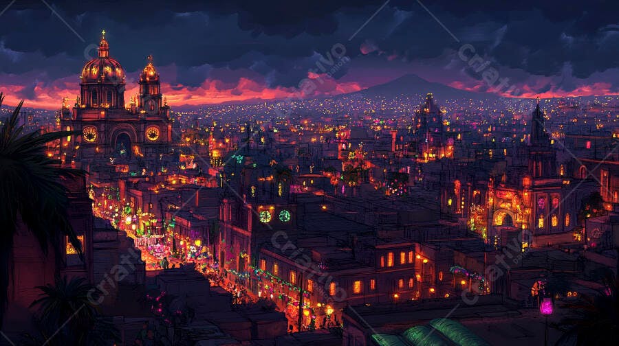 Catedral iluminada e cidade antiga à noite com céu crepuscular