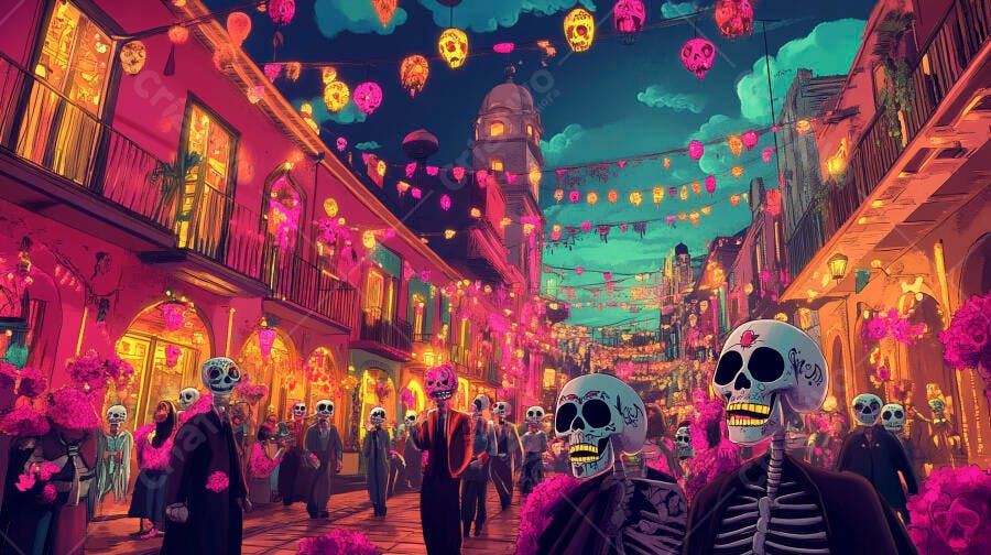 Esqueletos festivos decorados em rua mexicana vibrante Dia de los Muertos