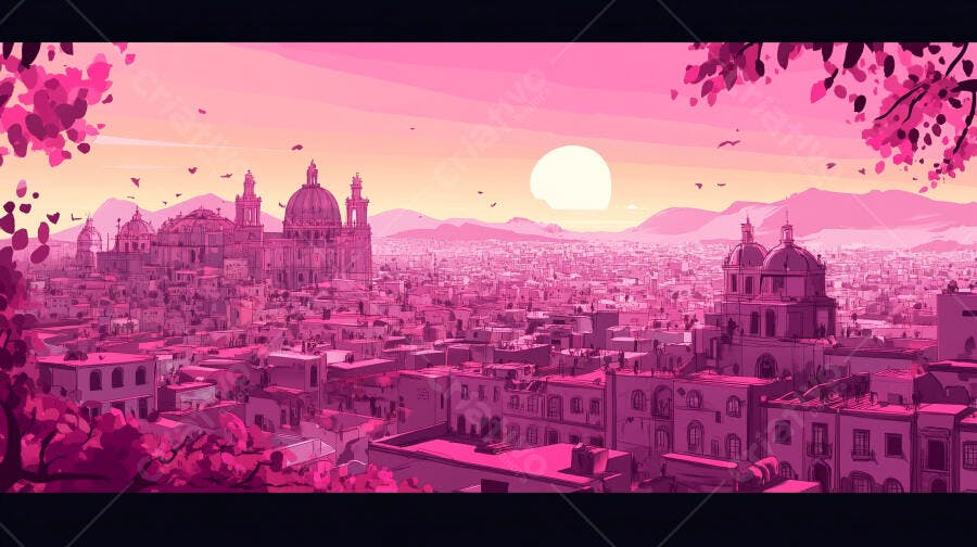 Vista da cidade rosa ao pôr do sol com edifícios históricos cúpulas e montanhas distantes