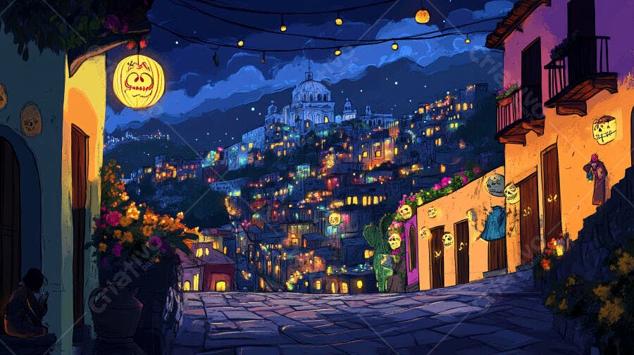 Cidade mexicana colorida à noite com lanternas de caveira e igreja iluminada