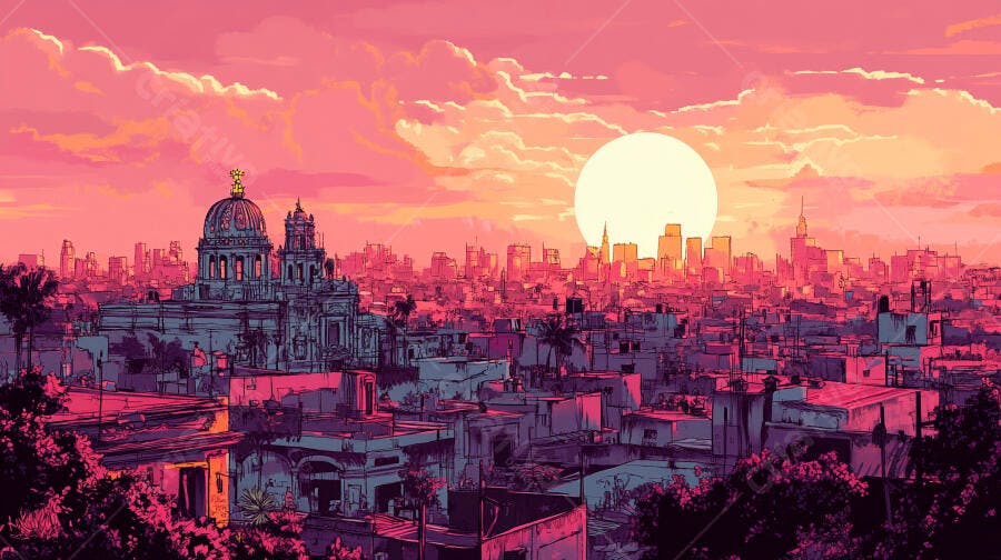 Paisagem urbana ao pôr do sol vibrante com cúpula e céu rosa e roxo
