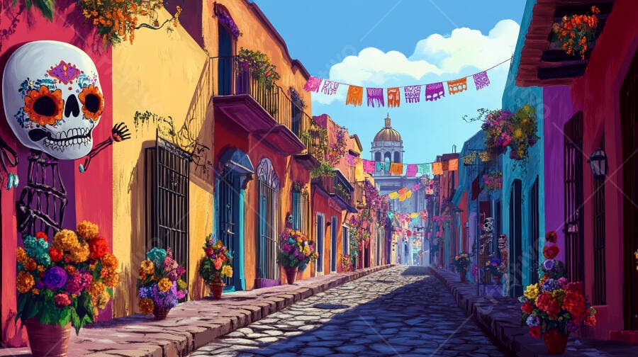 Rua mexicana colorida com decorações de Dia dos Mortos e caveira açucarada