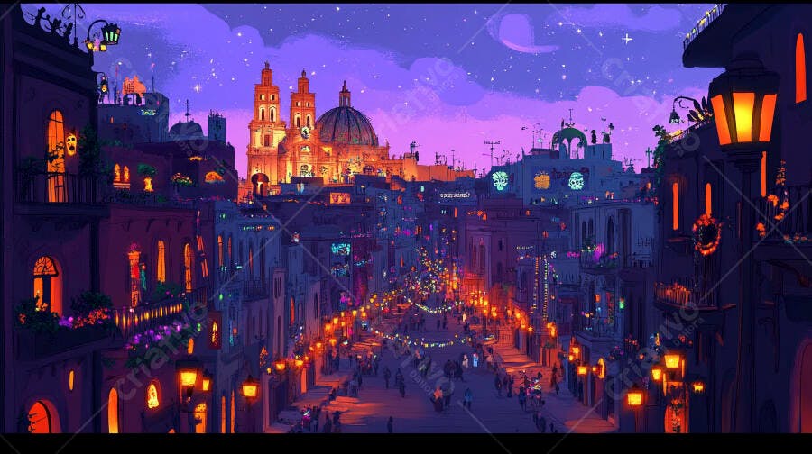 Cidade colorida com festival de luzes noturno e catedral ao fundo