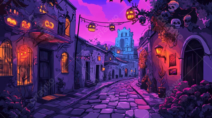 Rua de cidade antiga festeira com abóboras e caveiras sob céu roxo de Halloween