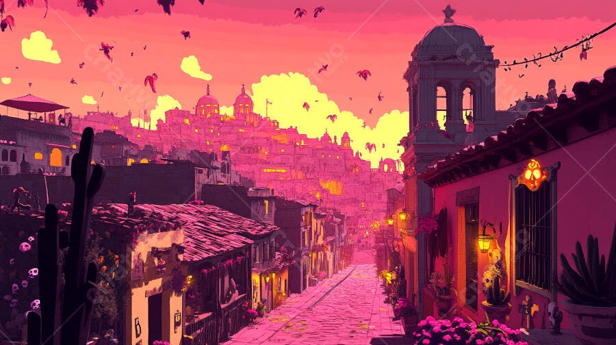 Rua de paralelepípedos colorida em cidade latino-americana ao pôr do sol