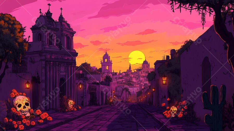 Rua mexicana colorida com caveiras e igreja ao pôr do sol