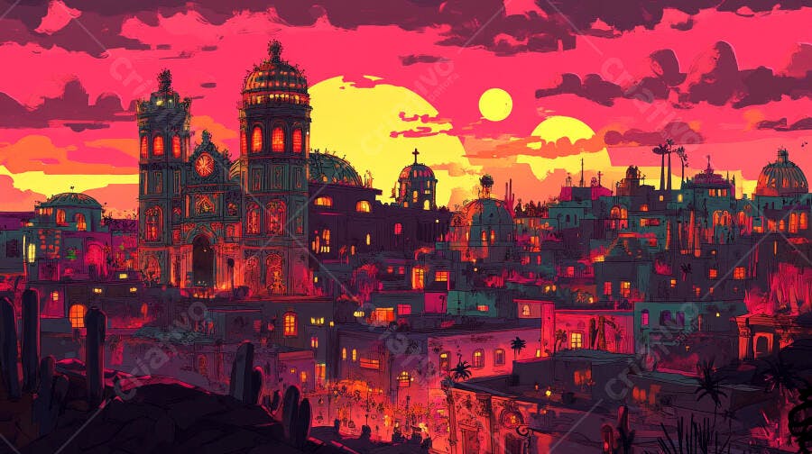 Cidade histórica vibrante ao pôr do sol com catedral e cactos
