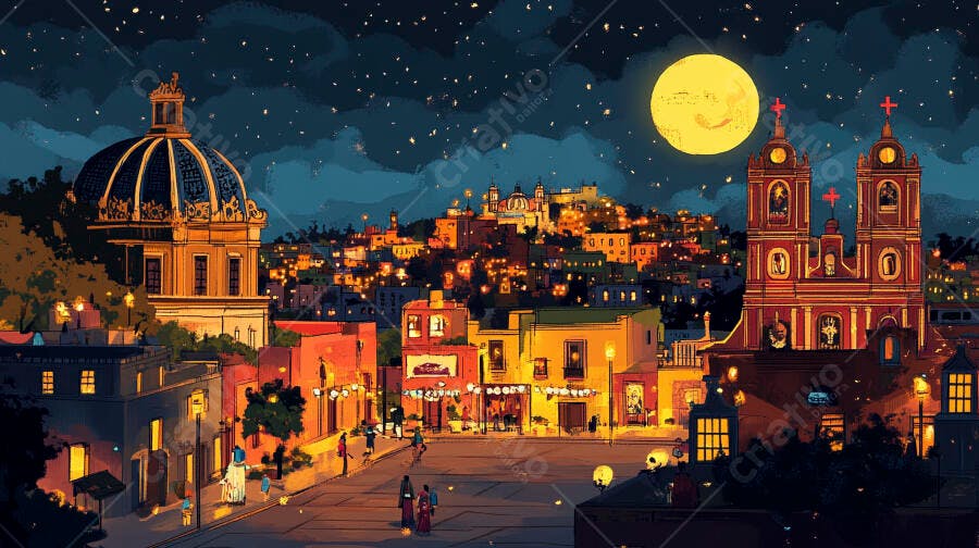 Cidade noturna colorida com lua cheia arquitetura colonial e pessoas em praça