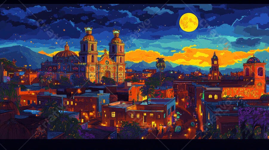 Cidade colonial vibrante à noite com lua cheia e montanhas ao fundo