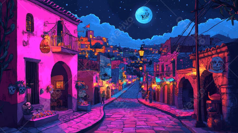 Rua noturna vibrante em cidade colorida com lua cheia e calaveras decorativas