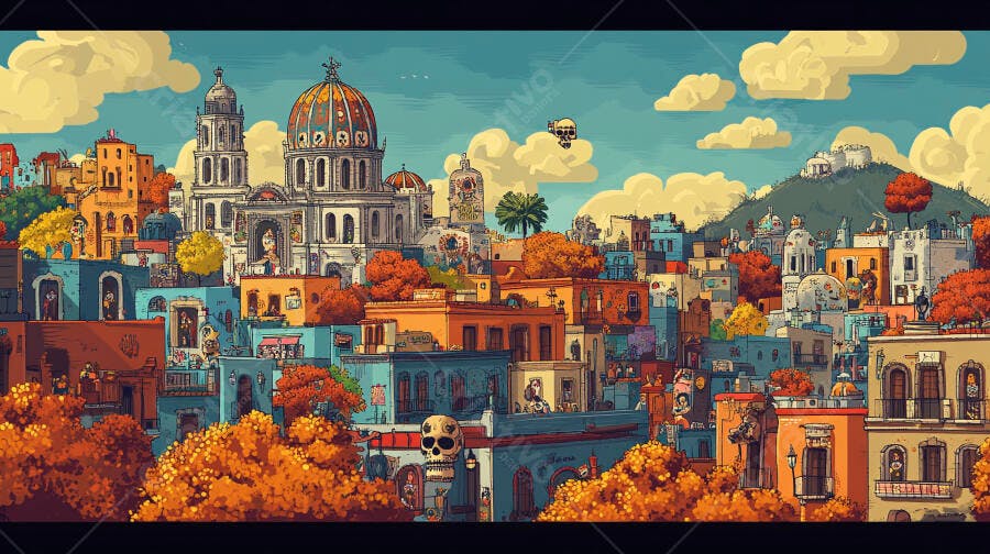 Cidade mexicana colorida arquitetura colonial e motivos de caveiras