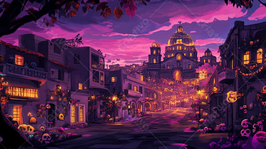 Cena de rua noturna Dia de los Muertos com caveiras e igreja iluminada