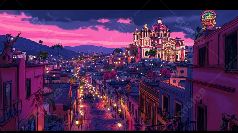 Cidade colonial mexicana colorida ao anoitecer com calavera e céu rosa