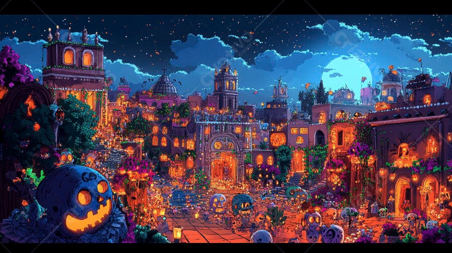 Cidade mexicana festiva iluminada com crânios e abóboras no Dia dos Mortos