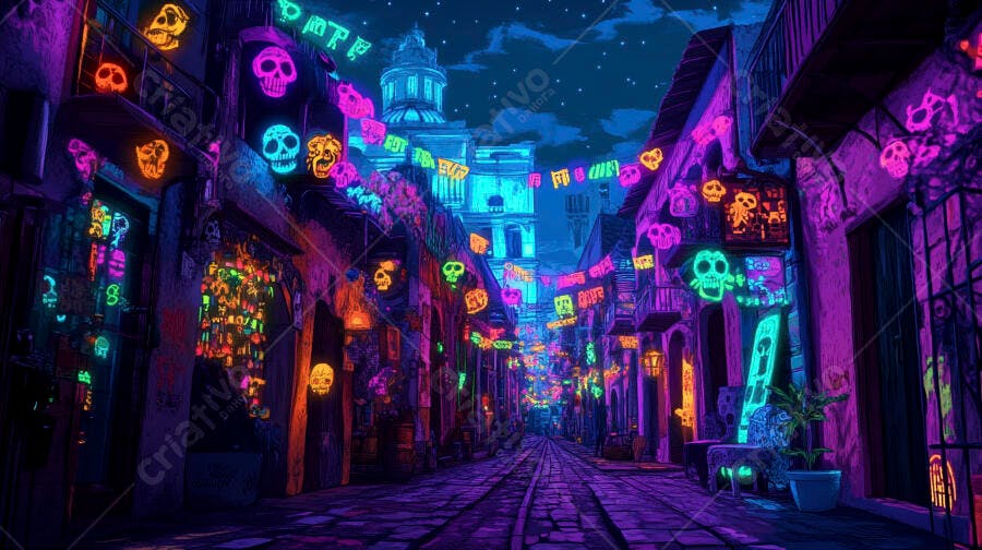 Rua noturna mexicana com caveiras neon coloridas celebração cultural vibrante
