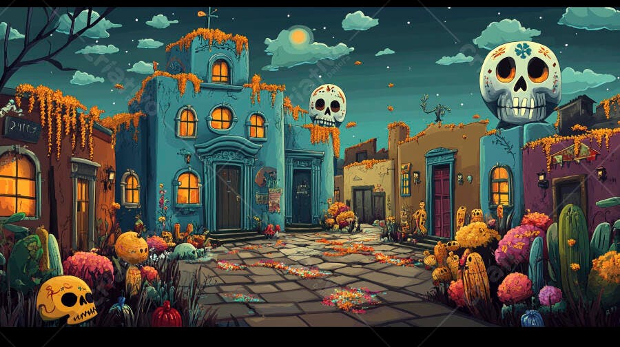 Cidade mexicana colorida celebrando Dia de Muertos à noite com caveiras e flores