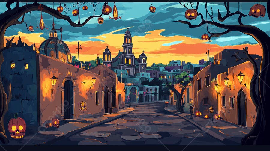 Rua de cidade antiga decorada com abóboras para Halloween ao anoitecer