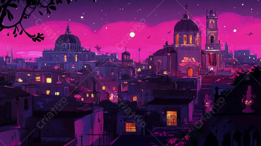 Paisagem urbana noturna ilustrada com céu rosa e roxo e luzes acesas