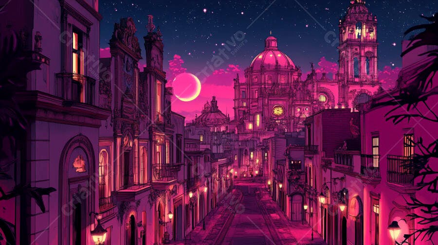 Cidade vibrante ao anoitecer com arquitetura histórica e lua rosa no céu estrelado