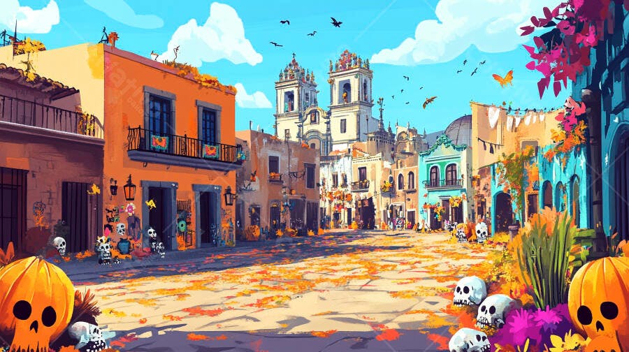 Praça mexicana colorida celebrando Dia dos Mortos com caveiras e abóboras alaranjadas