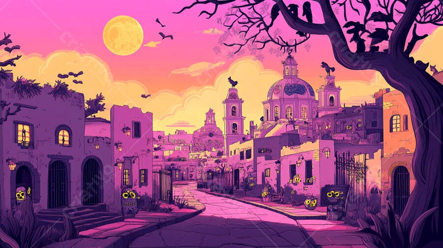 Cidade mexicana ilustrada vibrante ao anoitecer com lua cheia céu rosa roxo e caveiras
