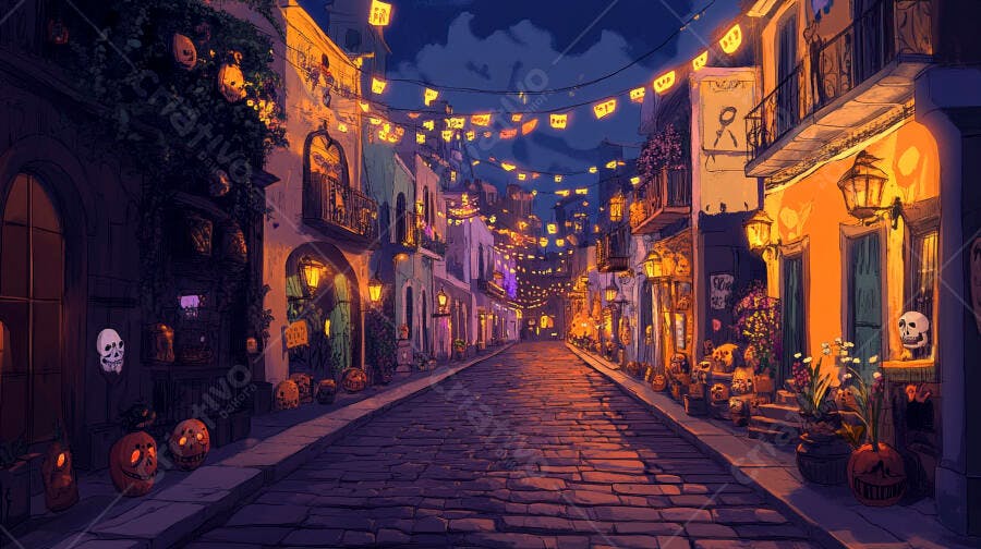 Rua noturna iluminada com abóboras e caveiras para festa de Halloween