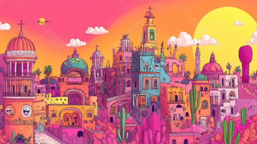 Cidade mexicana fantasiosa com casas coloridas e calaveras ao pôr do sol