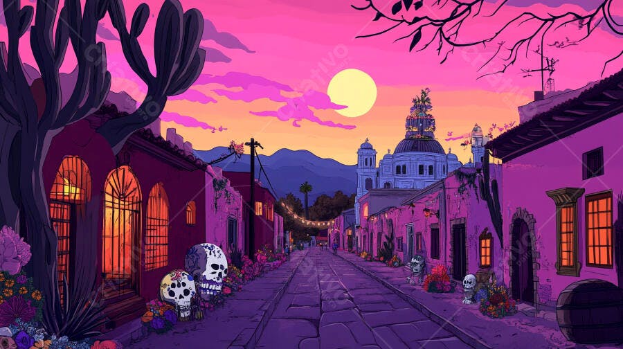 Rua mexicana colorida com calaveras e igreja ao pôr do sol