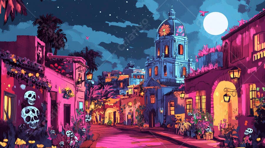 Vila mexicana noturna colorida com calaveras para Dia dos Mortos