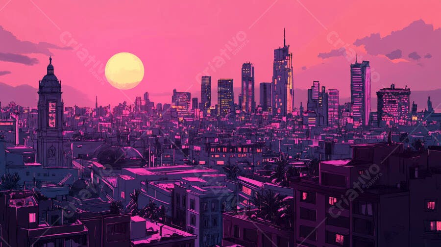 Horizonte urbano rosa e roxo com pôr do sol vibrante e arranha-céus altos