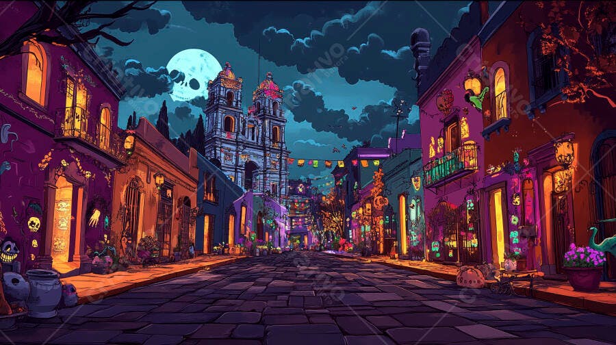 Rua mexicana colorida noturna para o Dia de Muertos com igreja e lua de caveira