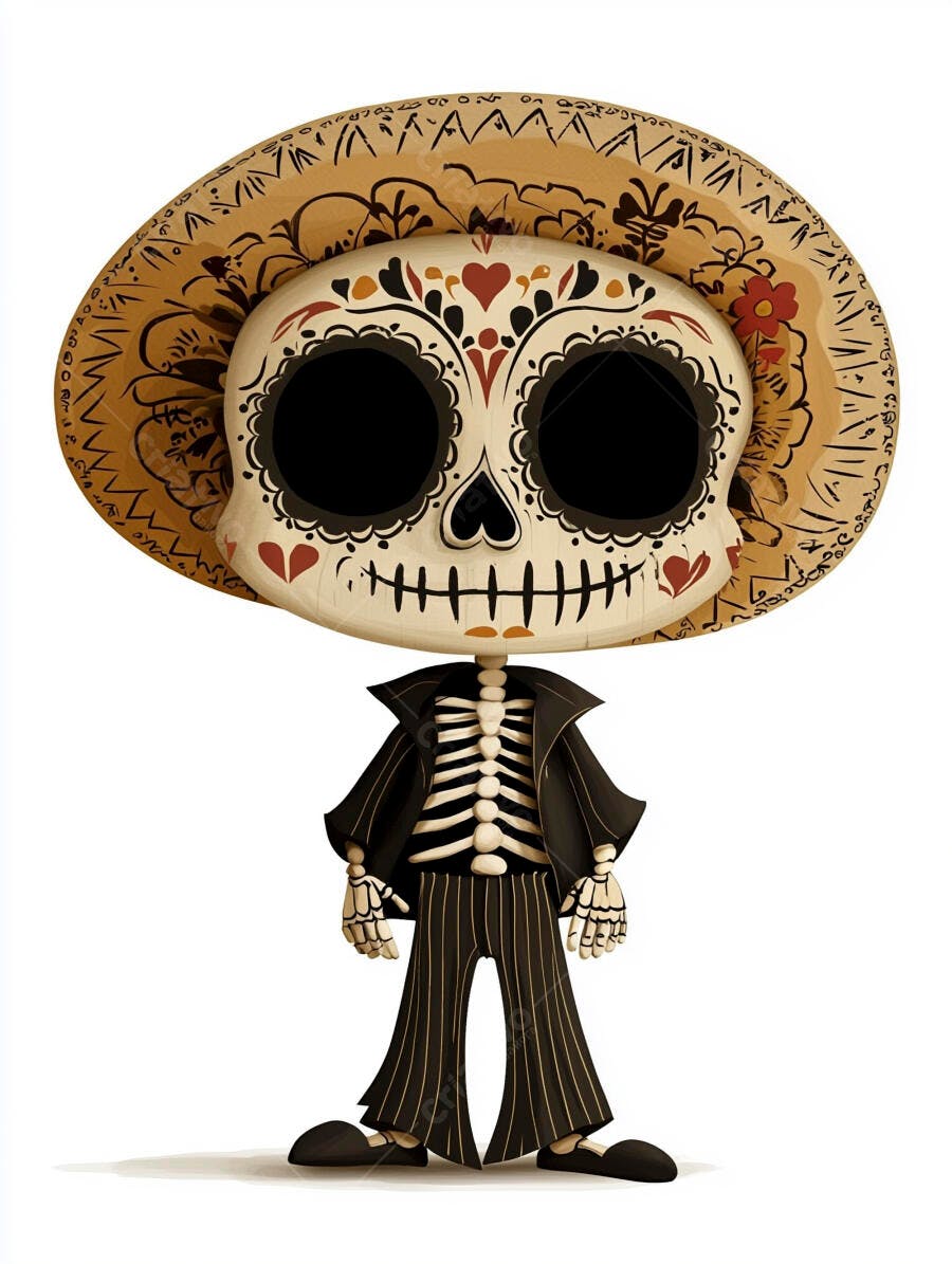 Calavera mexicana decorada com sombrero e terno preto ilustração Dia dos Mortos